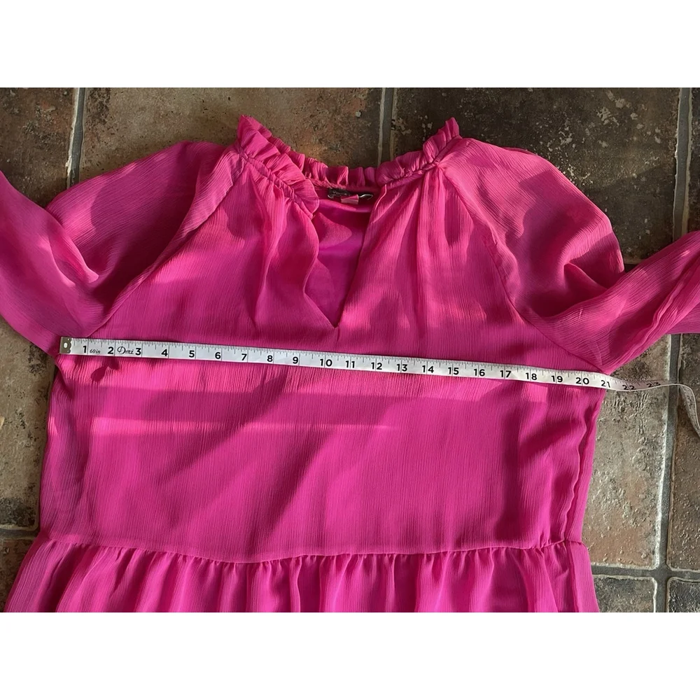 Vince Camuto Hot Pink Tiered Chiffon Mini Dress Sheer Sleeves Ruffle Collar Sz L - Picture 7 of 10